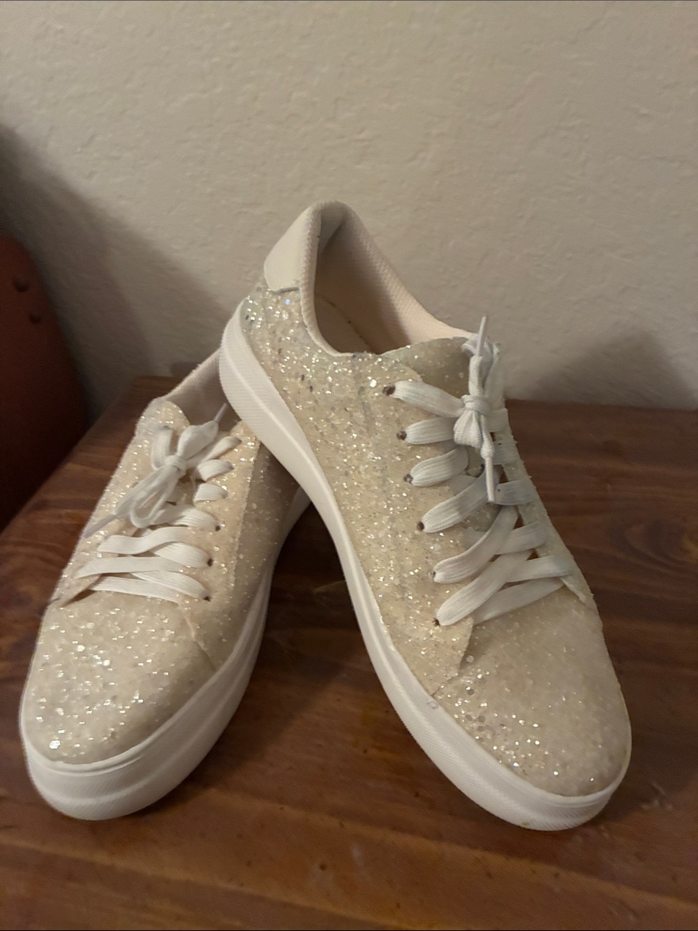 Glitter Lace-Up Platform Sneakers in Ivory